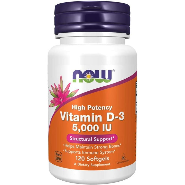 Vitamina D-3 de Now Foods, 5000 UI, 120 cápsulas blandas