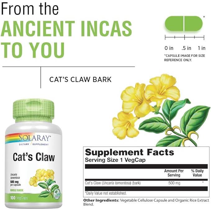 Corteza de uña de gato (Una de Gato) de Solaray - 100 cápsulas vegetales de 500 mg