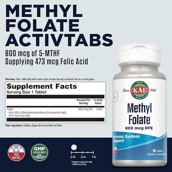 KAL, Methyl Folate, 800 mcg DFE, 90 Tablets