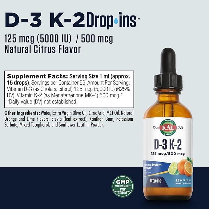 Gotas KAL D-3 K-2, cítricas, 2 fl oz 