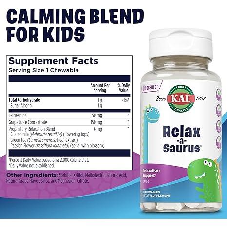 KAL Relax-a-Saurus  Children's L-Theanine 30 Chewables