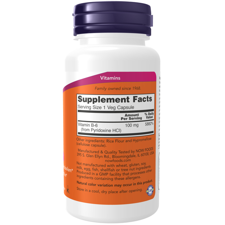 Vitamina B-6 de NOW Foods, 100 mg, 100 cápsulas