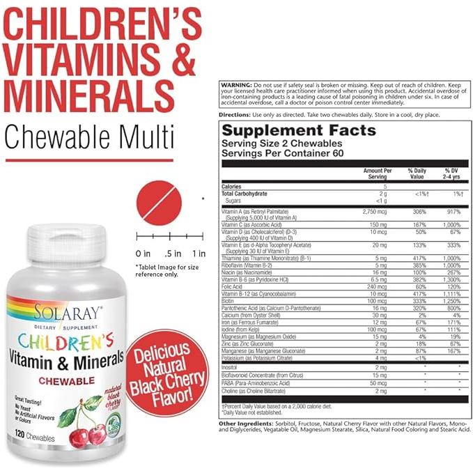 Vitaminas y minerales masticables para niños de Solaray (120 obleas)