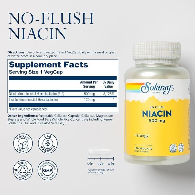 Solaray No Flush Niacina - 500 mg - 100 cápsulas