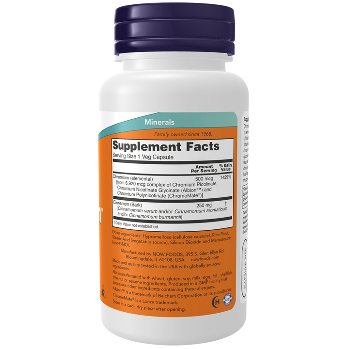 Tri-Chromium™ de NOW Foods 500 mcg con canela, 90 cápsulas vegetales