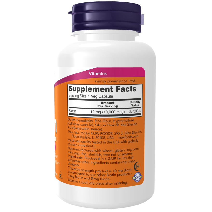 NOW Foods Biotin 10 mg (10,000 mcg), Extra Strength 120 Veg Capsules