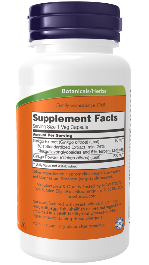 NOW Foods Ginkgo Biloba 24% Standardized Extract - 60 Caps