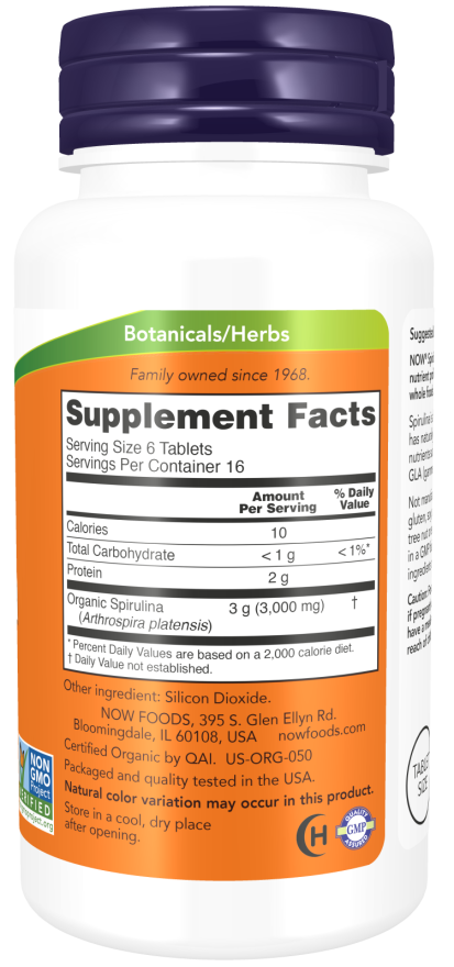 NOW Foods Spirulina 500 mg, Organic 100 Tablets