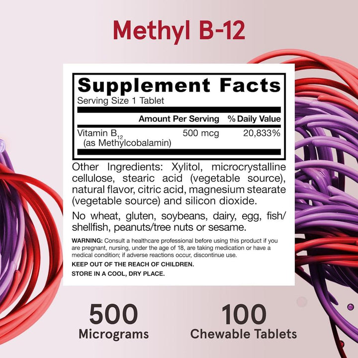 Jarrow Formulas Methyl B-12 Regular Strength Vegan Cherry 500 mcg 100 Chewable Tablets