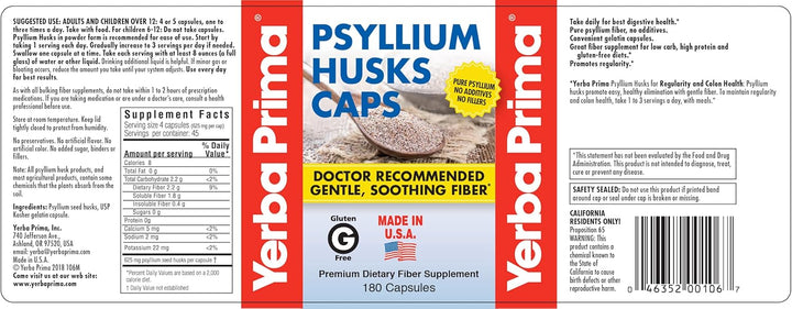 Cápsulas de cáscara de psyllium de Yerba Prima, 625 mg, 180 cápsulas