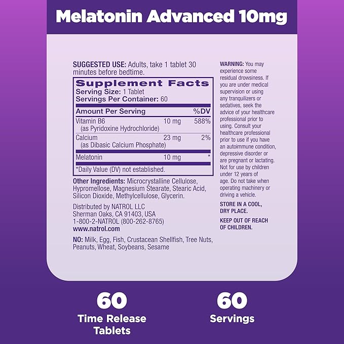 Natrol Advanced Sleep Melatonin Maximum Strength Controlled Release 10 MG 60 Tablets