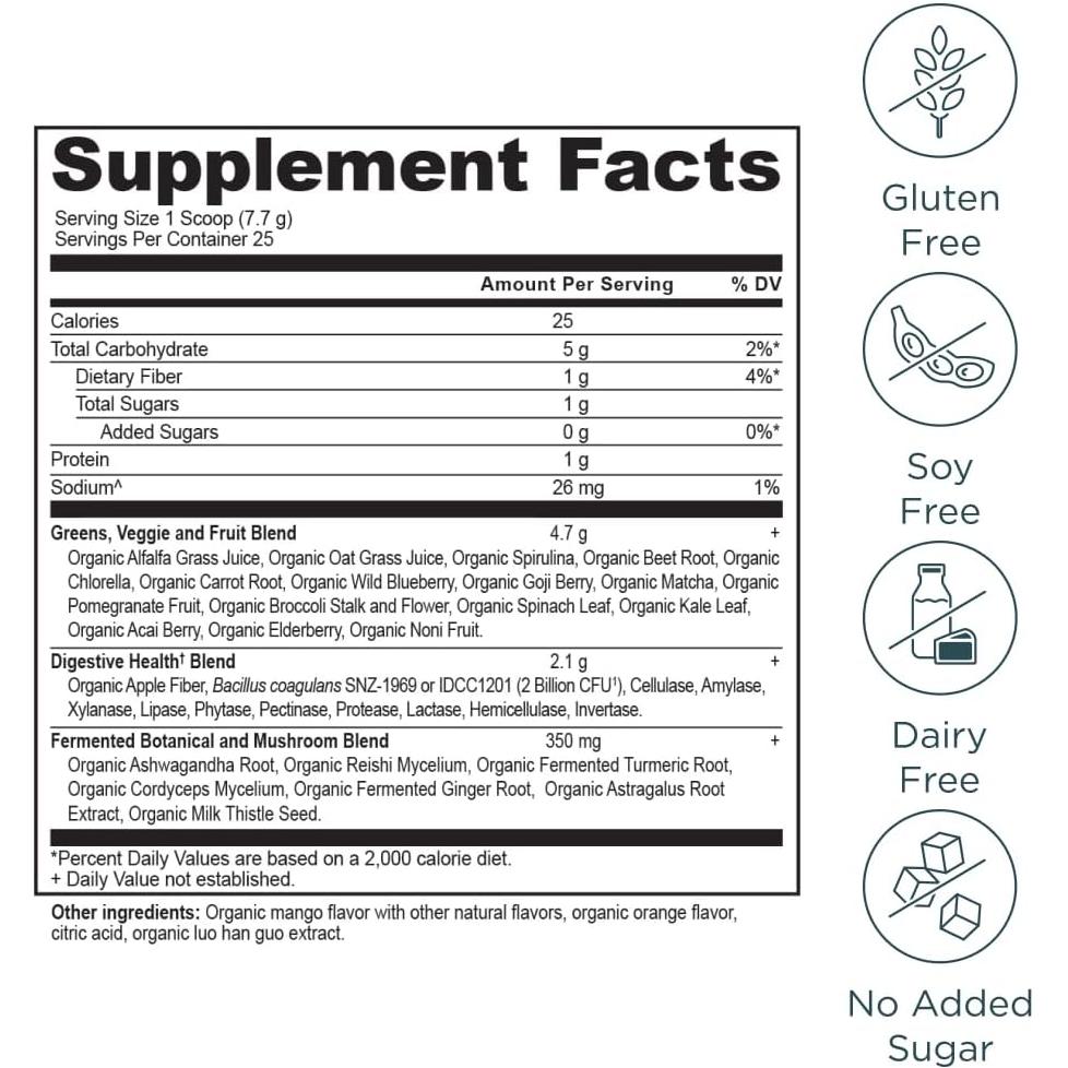 Ancient Nutrition SuperGreens Powder with Probiotics, Organic Mango Flavor, 25 Servings, 6.8oz