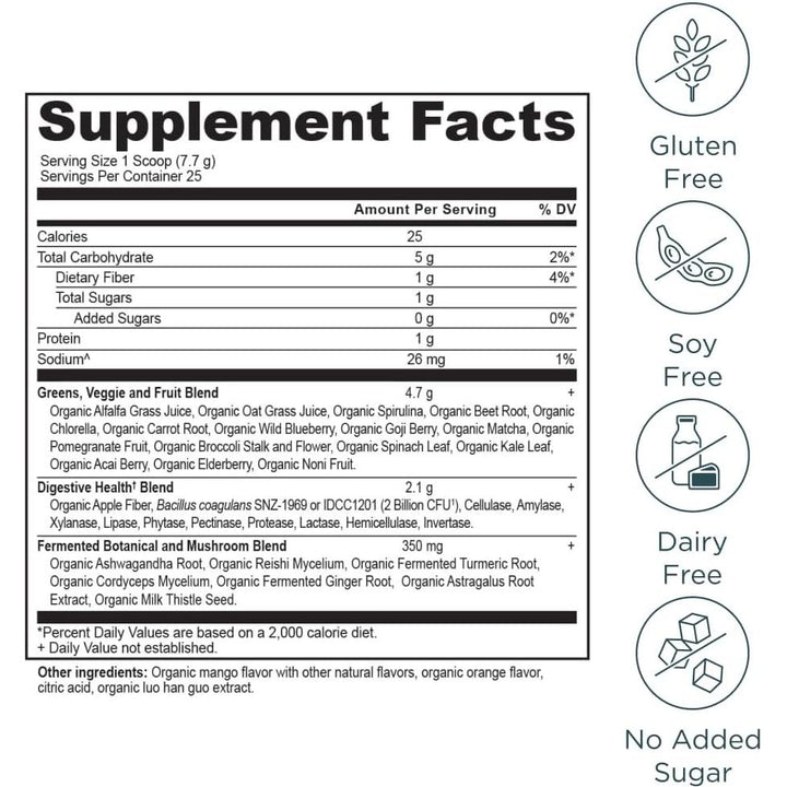 Ancient Nutrition SuperGreens Powder with Probiotics, Organic Mango Flavor, 25 Servings, 6.8oz