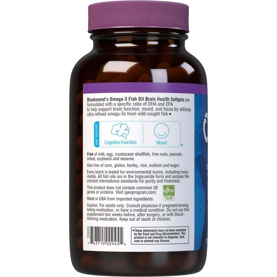 Bluebonnet Nutrition Omega-3 Brain Formula Natural Wild Caught Triglyceride Form DHA 1000 mg EPA 210 mg 120 Softgels