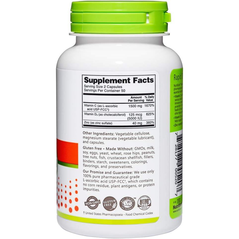 NutriBiotic Vitamina C + D3 y Zinc, 100 cápsulas.