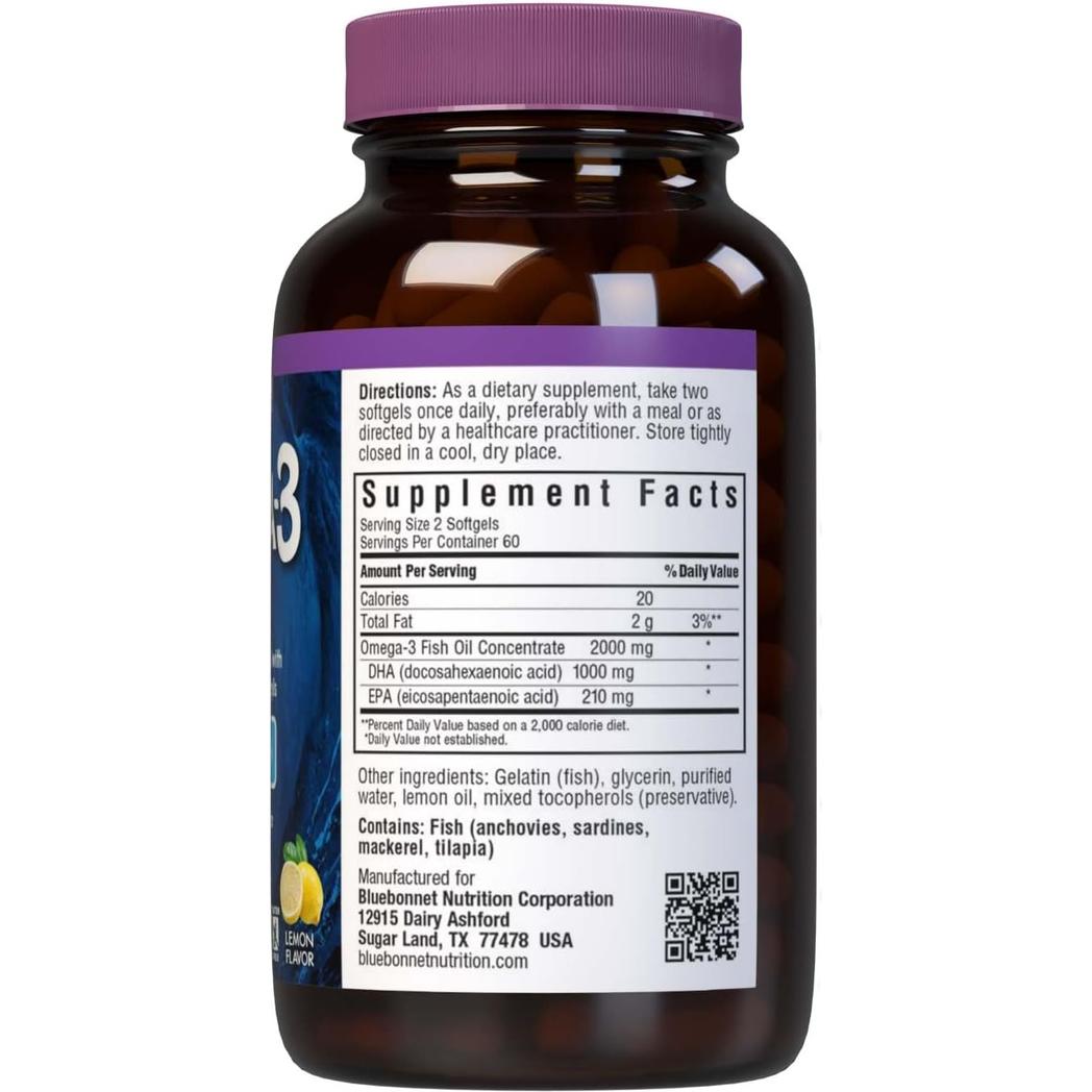 Bluebonnet Nutrition Omega-3 Brain Formula Natural Wild Caught Triglyceride Form DHA 1000 mg EPA 210 mg 120 Softgels