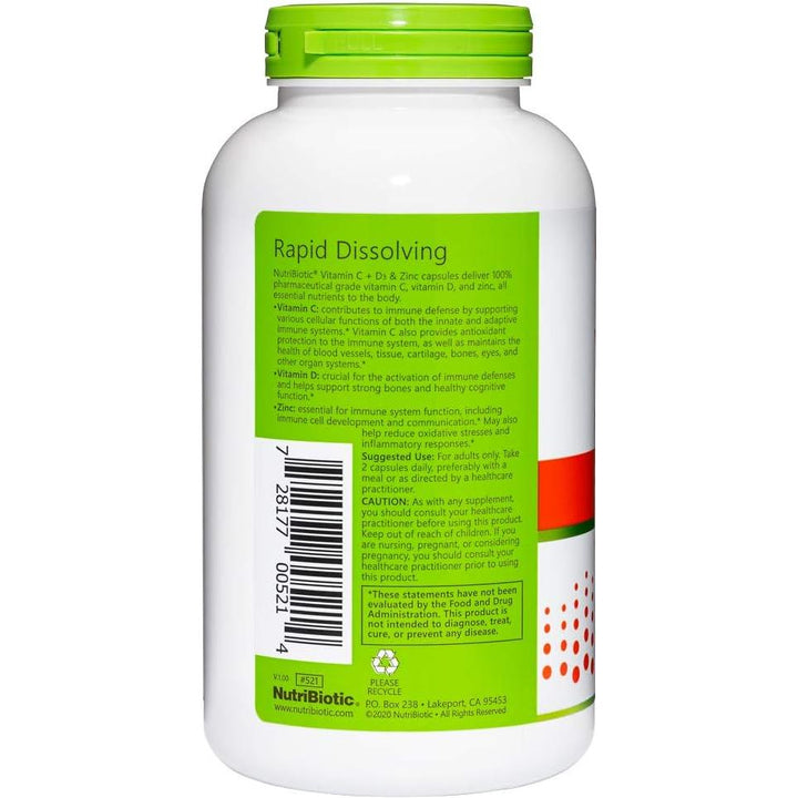 NutriBiotic Vitamina C + D3 y Zinc, 100 cápsulas.