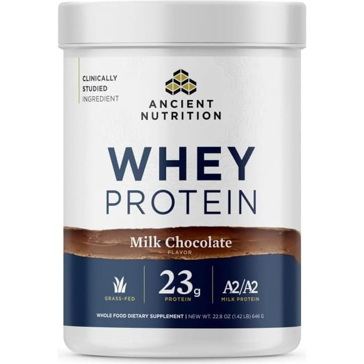 Ancient Nutrition Grass Fed Whey Protein, Milk Chocolate, 23g Protein, 20 Servings, Hydrolyzed Collagen Peptides, Organic Regenerative A2/A2 Milk Protein