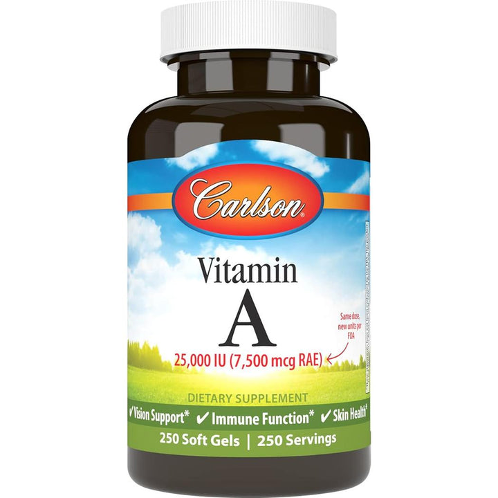 Carlson Labs Vitamina A 25 000 UI 250 cápsulas blandas Sin gluten, sin conservantes,