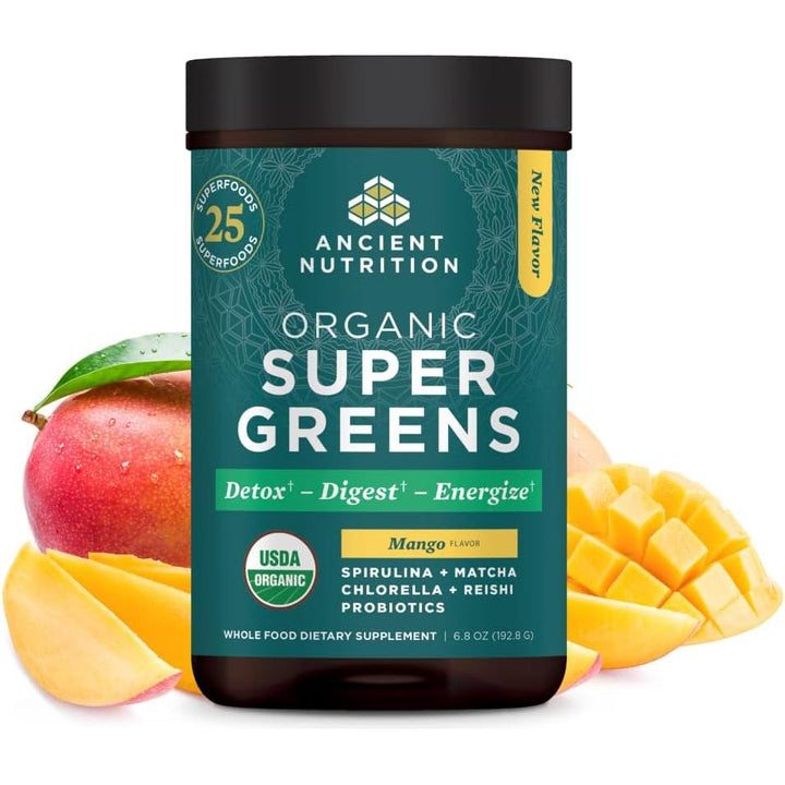 Ancient Nutrition SuperGreens Powder with Probiotics, Organic Mango Flavor, 25 Servings, 6.8oz