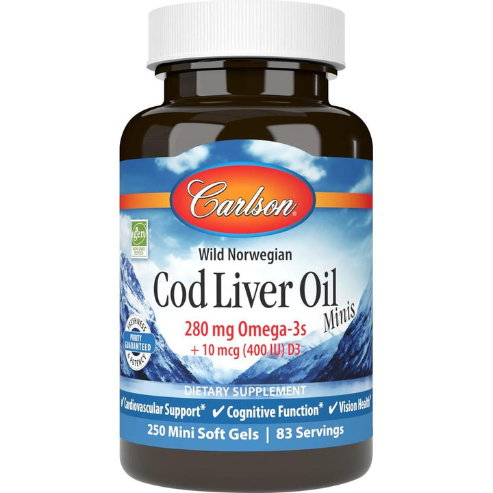 Carlson Labs Wild Norwegian Cod Liver Oil Minis 250 minicápsulas blandas sin gluten