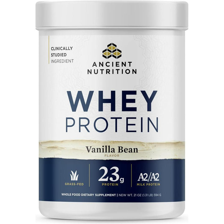 Ancient Nutrition Grass Fed Whey Protein, Vanilla Bean, 23g Protein, 20 Servings, Hydrolyzed Collagen Peptides, Organic Regenerative A2/A2 Milk Protein