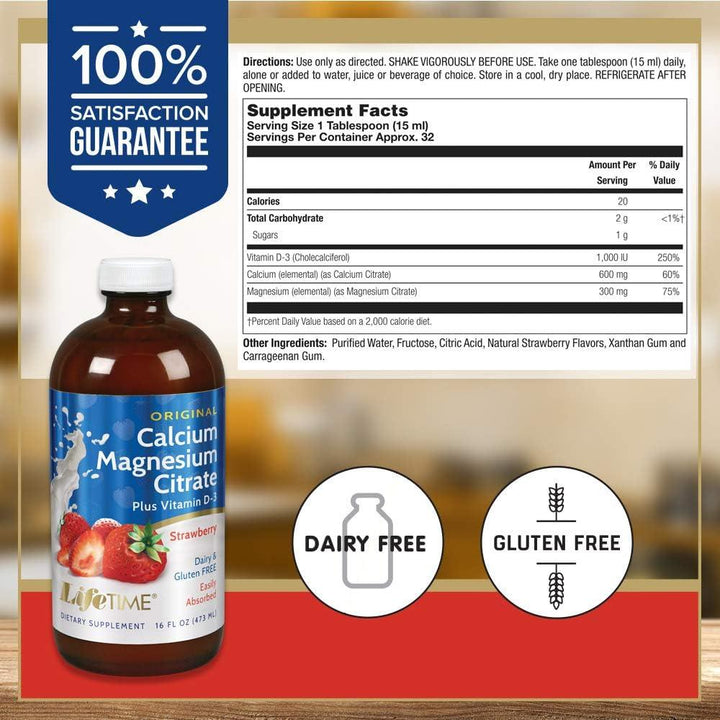 Lifetime Calcium Magnesium Citrate plus Vitamin D-3, Strawberry Flavor - 16 fl. oz