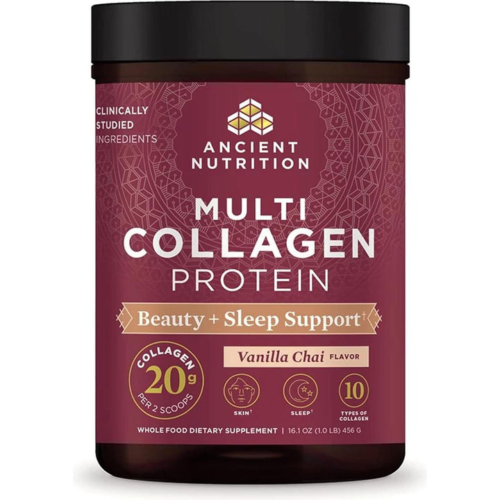 Ancient Nutrition Collagen Powder Protein, Multi Collagen Protein Beauty + Sleep Vanilla Chai 16.1oz