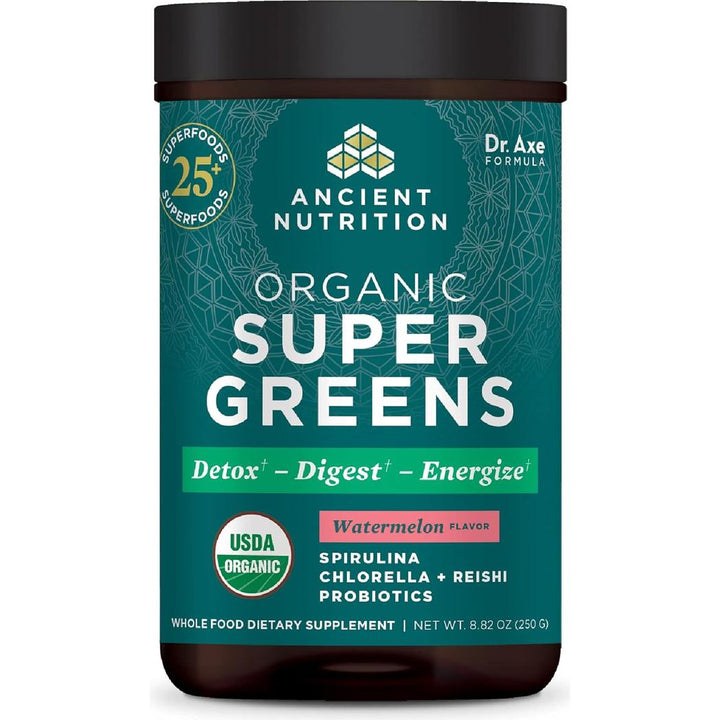 ANCIENT NUTRITION Organic SuperGreens Powder Made from Real Fruits & Vegetables Watermelon Flavor 25 Servings