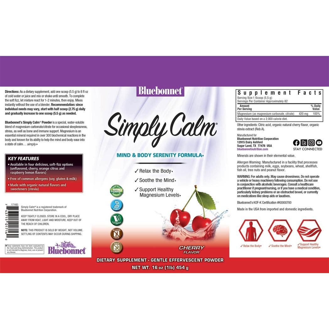 Polvo calmante Simply Calm de Bluebonnet, sabor cereza, 16 oz (1 lb)