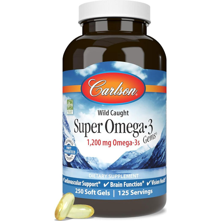 Carlson - Super Omega-3 Gems, 1200 mg de Omega-3, capturados en estado salvaje y de origen sostenible