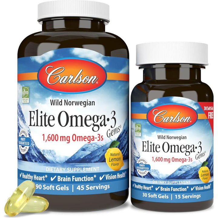 Aceite de pescado Omega-3 Gems de Carlson Elite de 1600 mg (90 cápsulas blandas + 30 cápsulas blandas) 