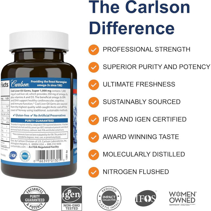 Carlson Cod Liver Oil, Super 1000 mg 100 softgels