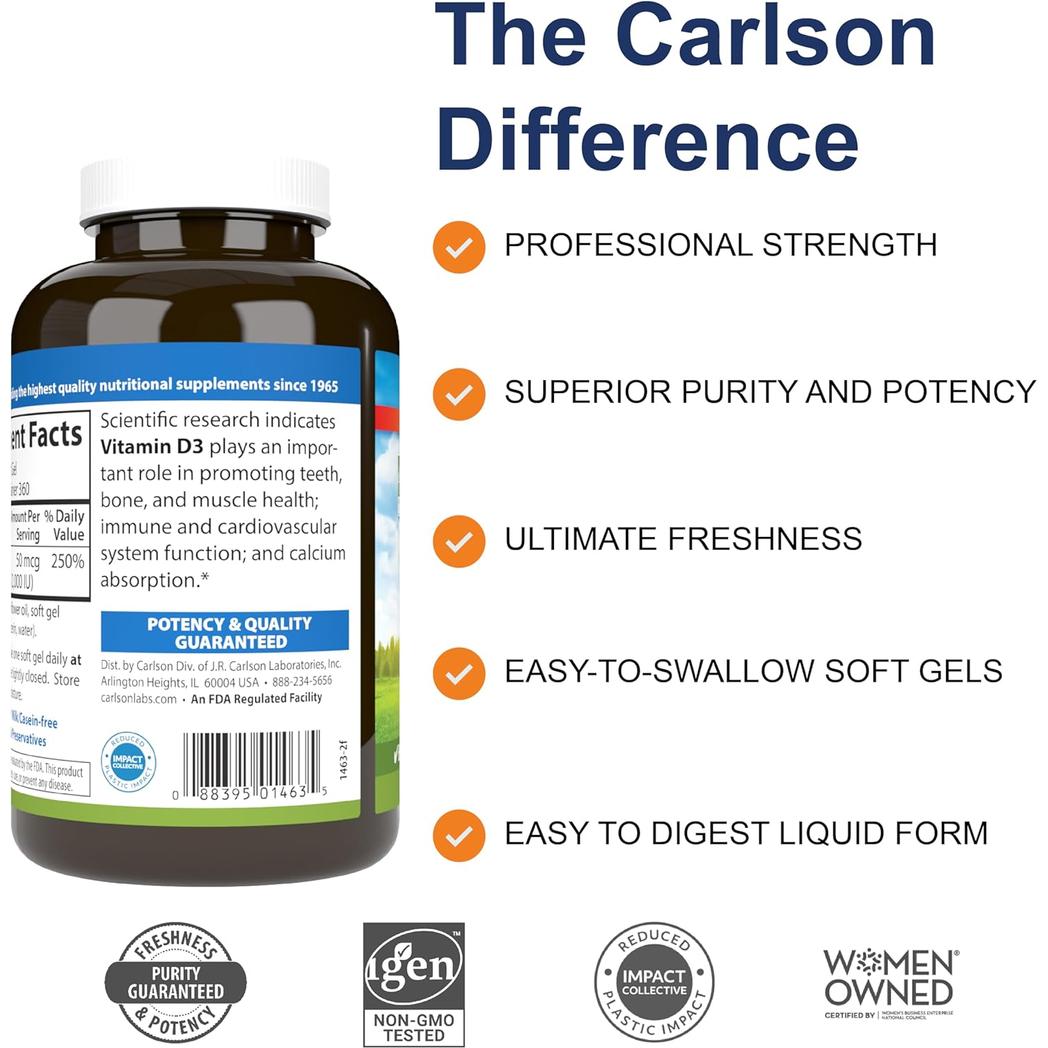 Vitamina D3 de Carlson Labs 2000 UI 50 mcg 360 cápsulas blandas