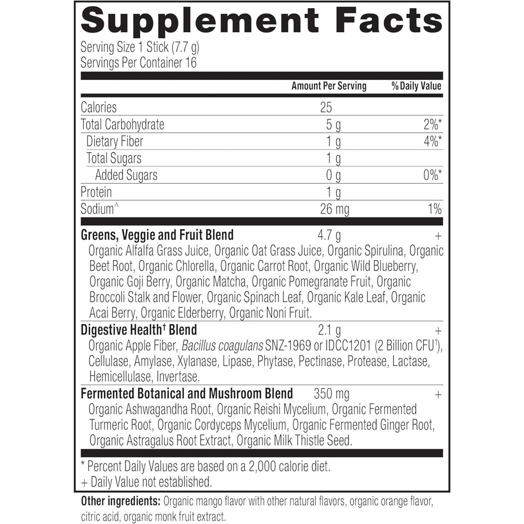 Ancient Nutrition SuperGreens Powder with Probiotics, Organic Mango Flavor Greens, Made from Real Fruits, Vegetables and Herbs 16 Stick Packs, 4.3oz