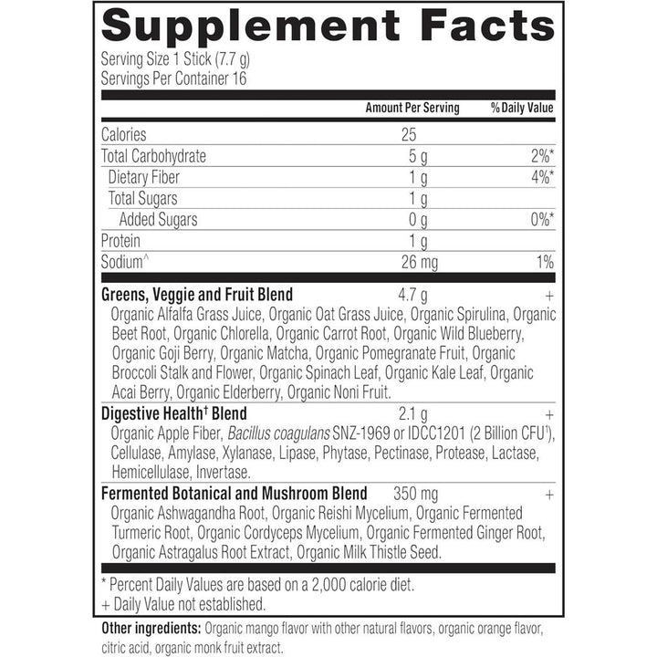 Ancient Nutrition SuperGreens Powder with Probiotics, Organic Mango Flavor Greens, Made from Real Fruits, Vegetables and Herbs 16 Stick Packs, 4.3oz