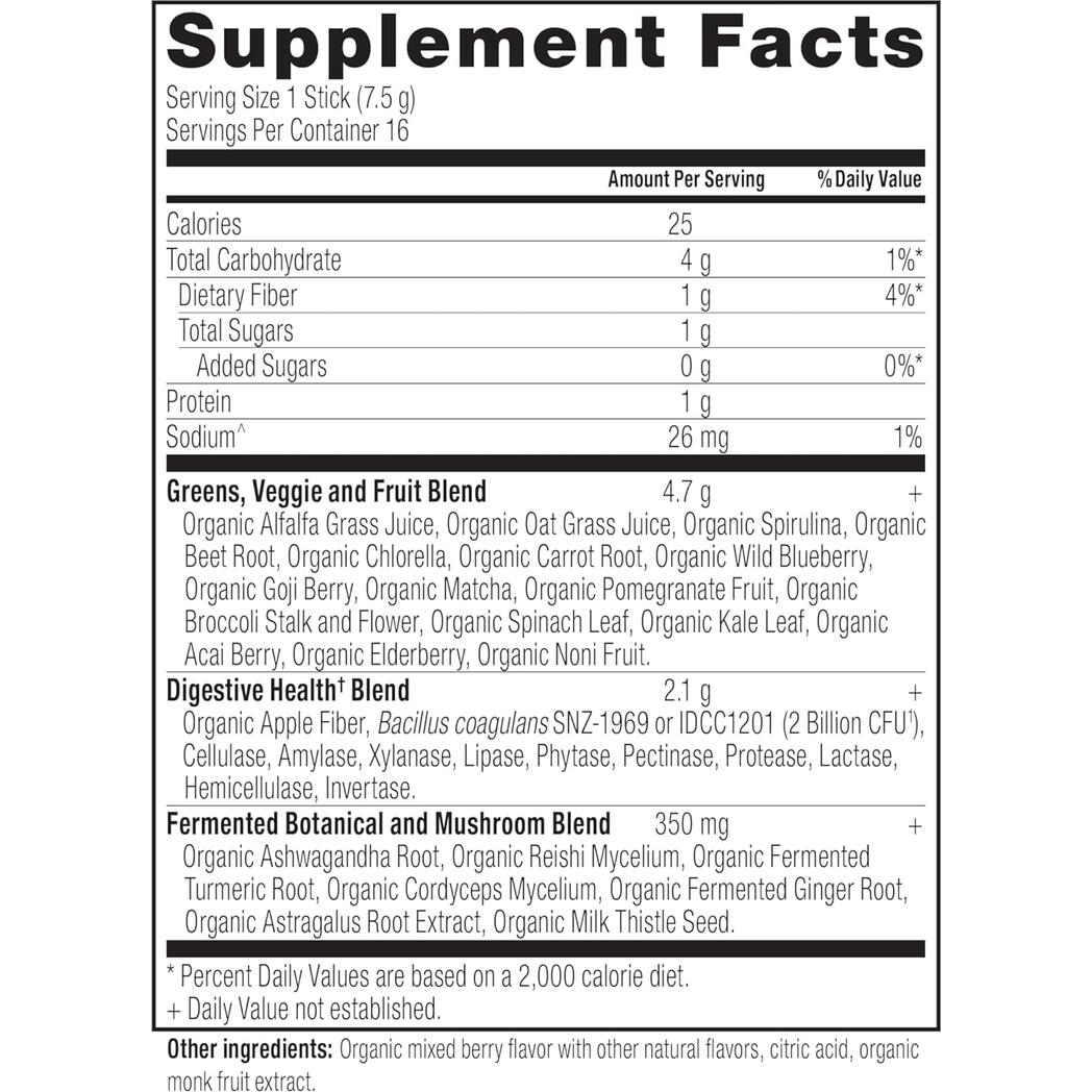 Ancient Nutrition SuperGreens Powder with Probiotics, Organic Berry Flavor Greens, Made from Real Fruits, Vegetables and Herbs 16 Stick Packs, 4.2oz