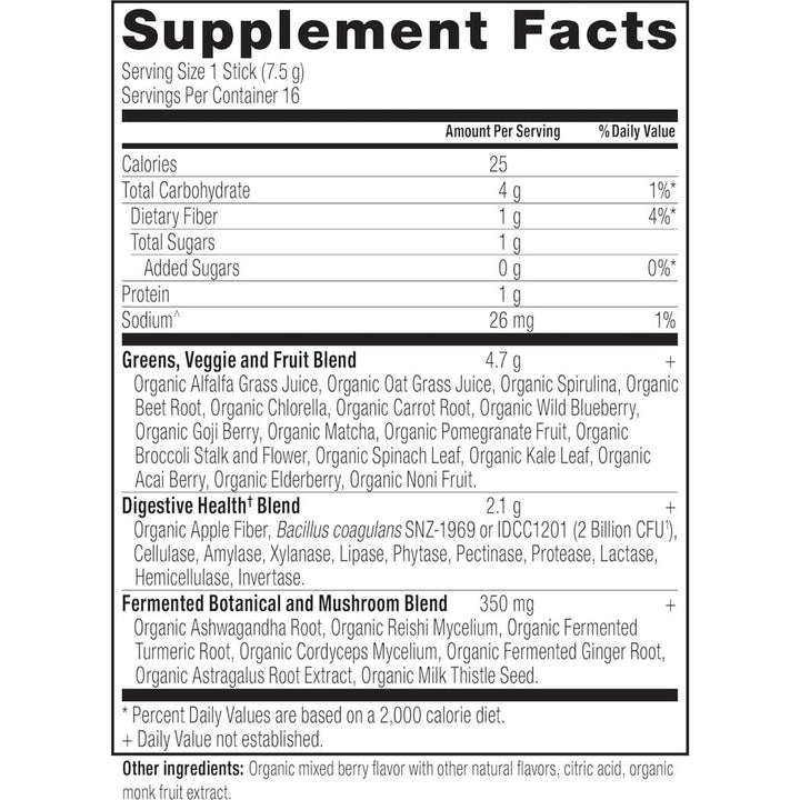 Ancient Nutrition SuperGreens Powder with Probiotics, Organic Berry Flavor Greens, Made from Real Fruits, Vegetables and Herbs 16 Stick Packs, 4.2oz