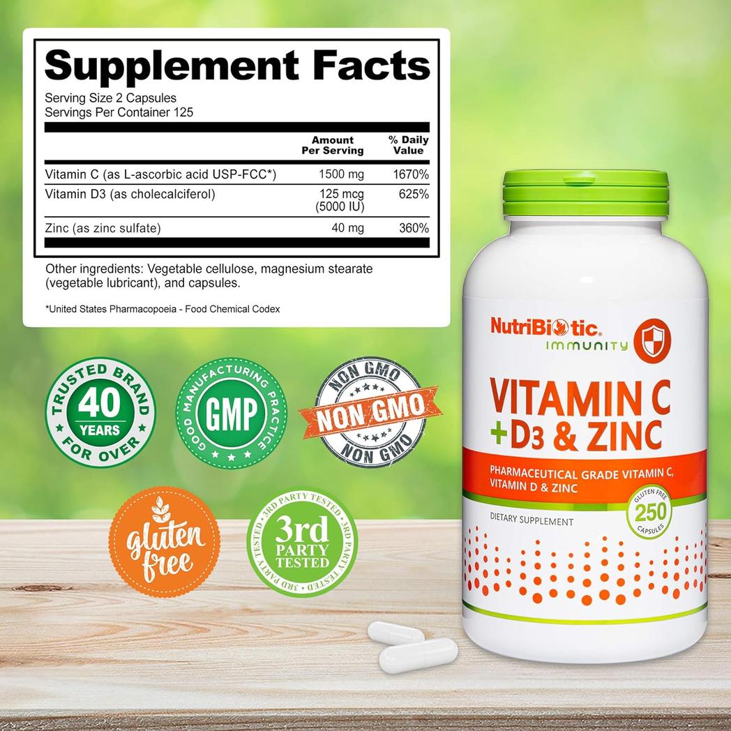 NutriBiotic Vitamina C + D3 y Zinc, 100 cápsulas.