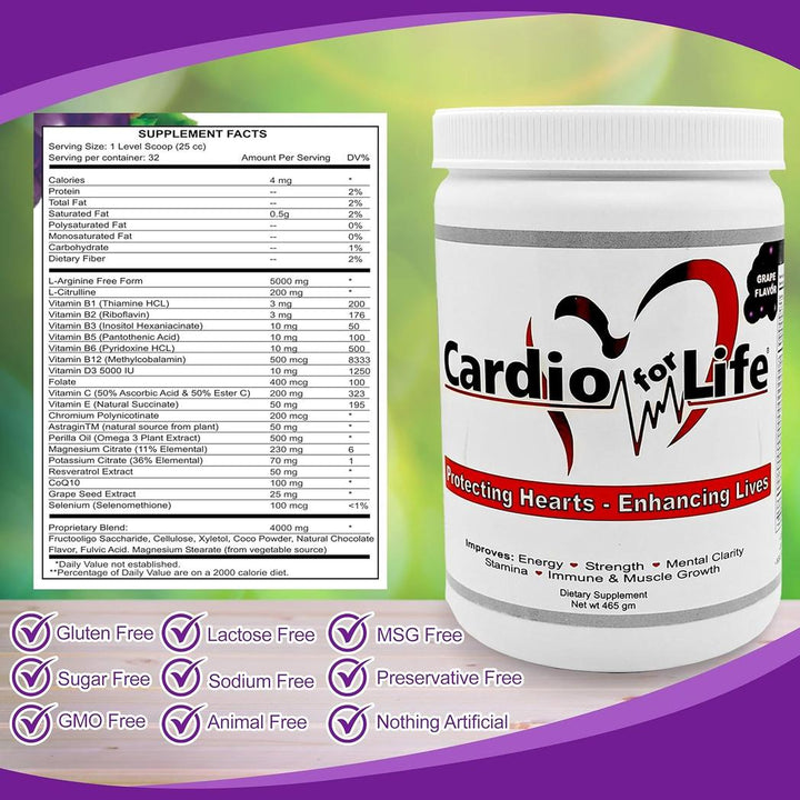 CardioForLife - 16 oz. de polvo con AstraGin - sabor a uva CardioForlife