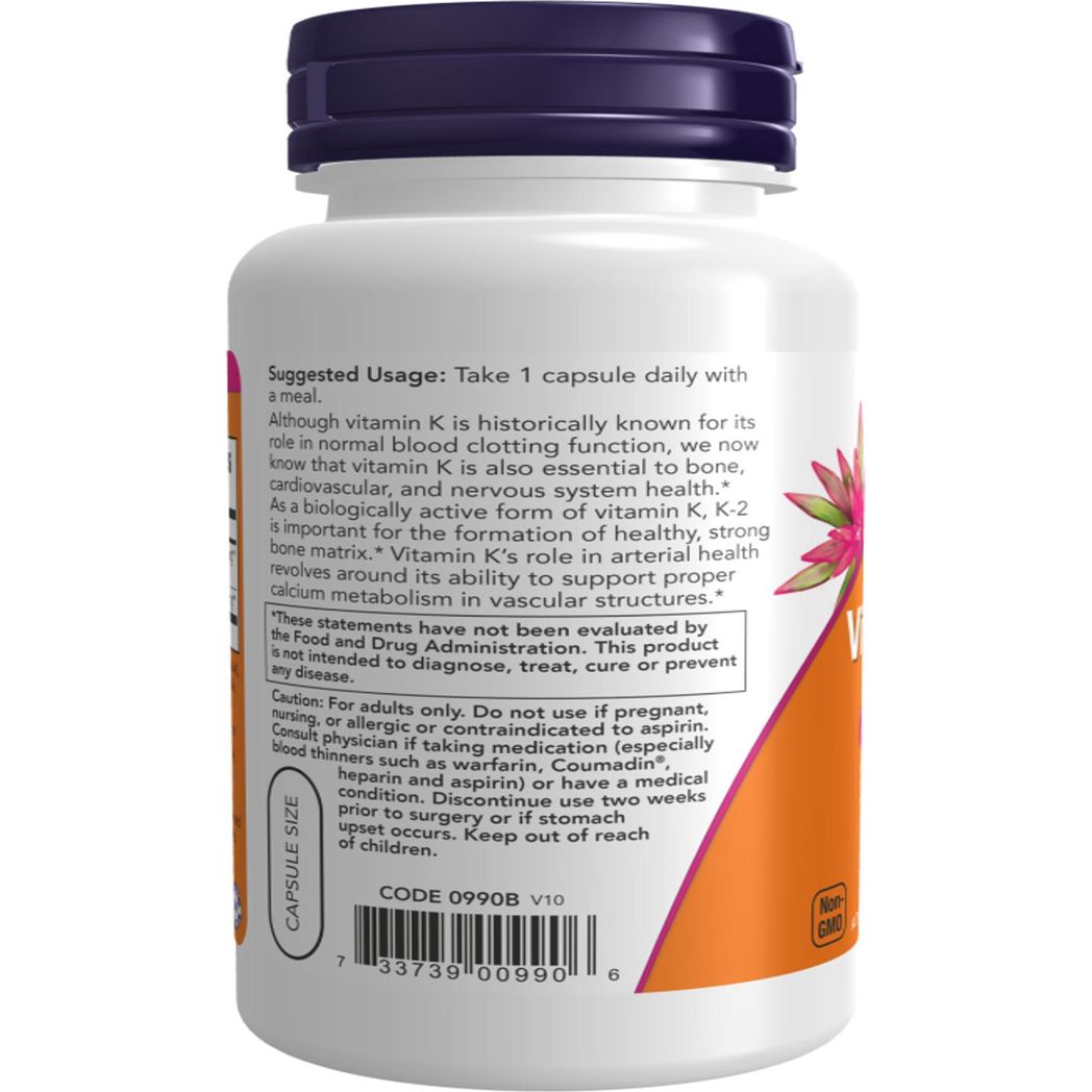 Vitamina K-2 de NOW Foods, 100 mcg, 100 cápsulas vegetales